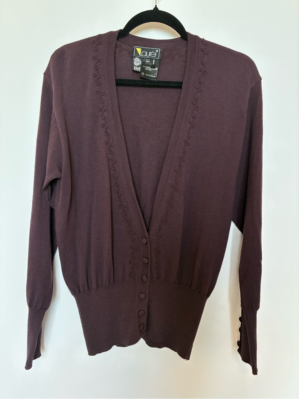 Laurel Embroidered-Trim Button Front Cardigan in Plum 100% wool MADE IN ITALY